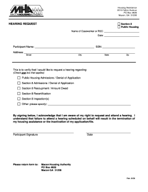 Hearing Request Form for Section 8 Housing Assistance