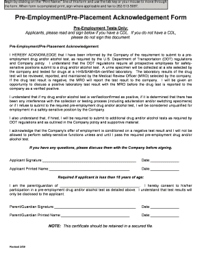 Pre-Employment Drug and Alcohol Test Acknowledgement Form
