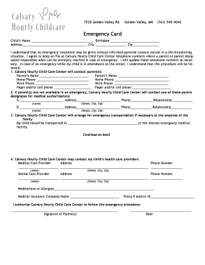 Emergency Card for Child Care Center