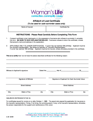 Affidavit of Lost Certificate