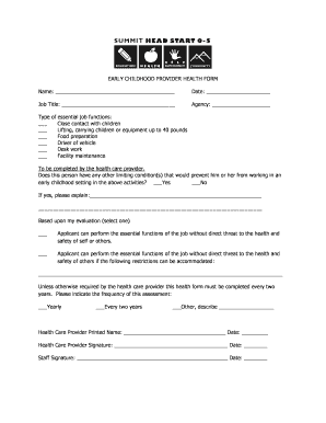 Early Childhood Provider Health Form