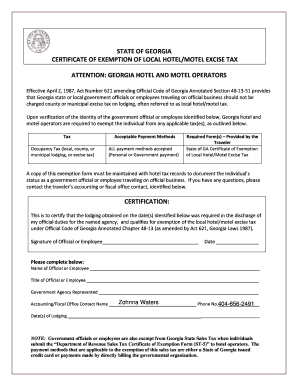 Georgia Local Hotel/Motel Tax Exemption Certificate