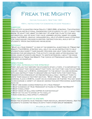 KWHL Strategy Worksheet for Freak the Mighty