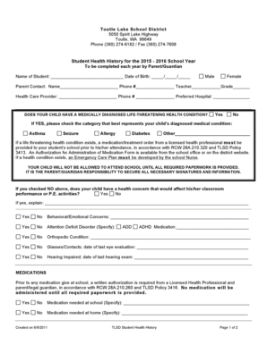 Student Health History Form