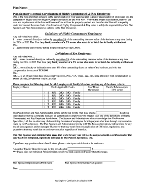 Plan Sponsor's Annual Certification of Highly Compensated & Key Employees