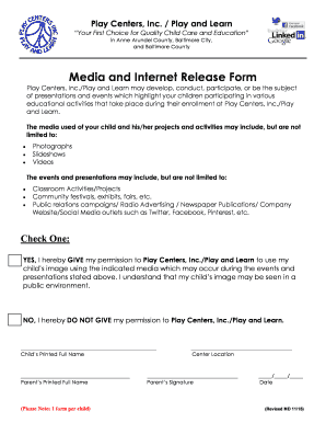 Play Centers Media and Internet Release Form