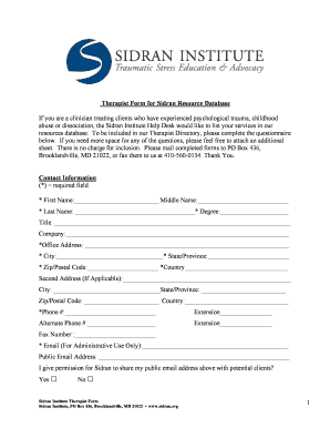 Therapist Form for Sidran Resource Database