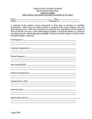 Special Education Student Status Form