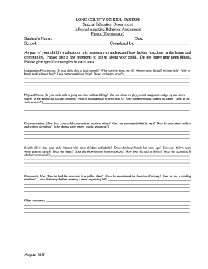 Special Education Adaptive Behavior Assessment Form