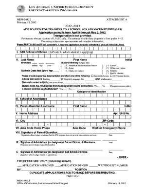 Application for Transfer to a School for Advanced Studies