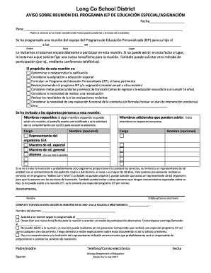 Aviso sobre reunión del programa IEP de educación especial/asignación