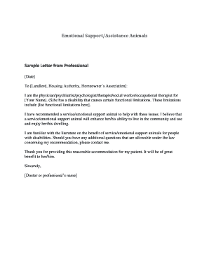 Emotional Support Animal Letter from Professional