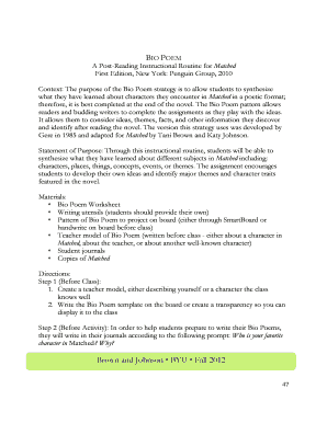 Bio Poem Worksheet for Matched