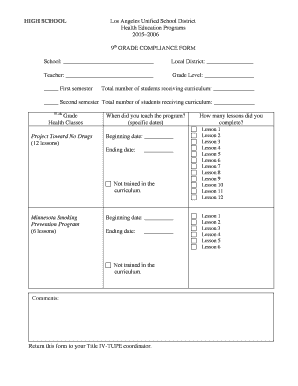 9th Grade Health Education Compliance Form