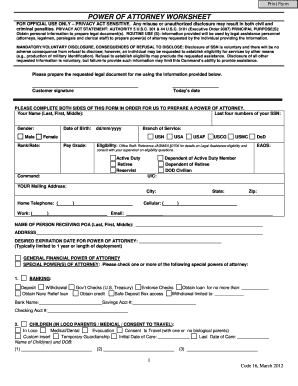 Power of Attorney Worksheet