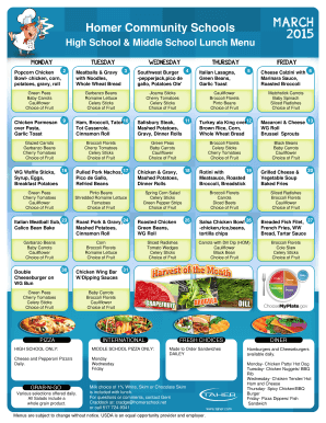 Fillable Online Menu Lunch Elementary - Homer Middle School Fax Email Print - pdfFiller