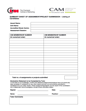 Assignment/Project Submission Summary Sheet