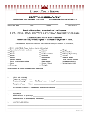 Student Health History Form