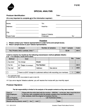 Valacta Special Analysis Form