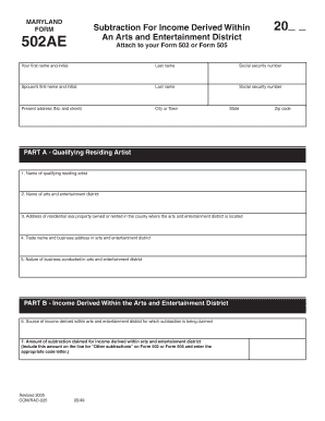 Maryland Form 502AE for Arts and Entertainment District Income