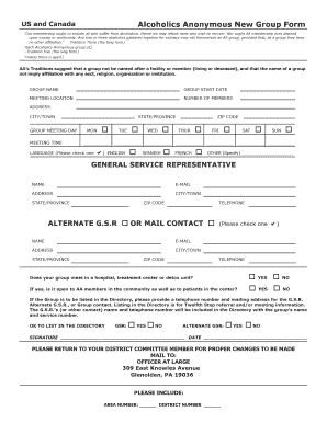 Alcoholics Anonymous New Group Form