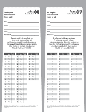 Fitness Reimbursement Log Card
