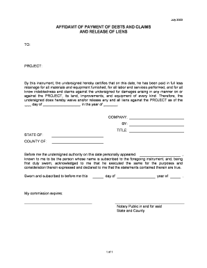 Affidavit of Payment of Debts and Claims and Release of Liens