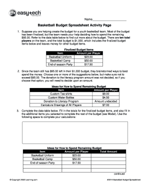 Basketball Budget Spreadsheet Activity