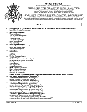 Health Certificate for Export of Porcine Meat