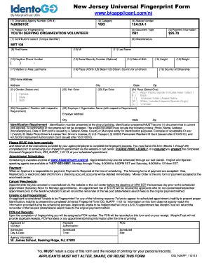 New Jersey Universal Fingerprint Form