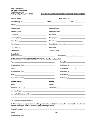 Student Emergency Medical Information Form