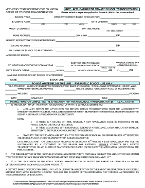 New Jersey Private School Transportation Application