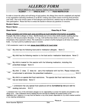 Allergy Form for Cooking Classes