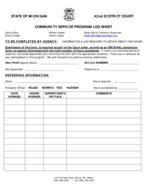 Michigan Community Service Program Log Sheet