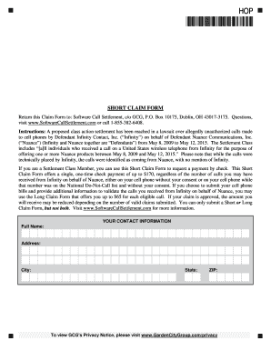 Short Claim Form for Software Call Settlement