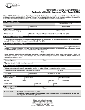 Certificate of Being Insured Under Professional Liability Insurance
