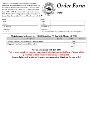 150th Anniversary Pony Express Medallion Order Form
