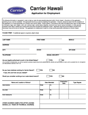 Carrier Hawaii Employment Application