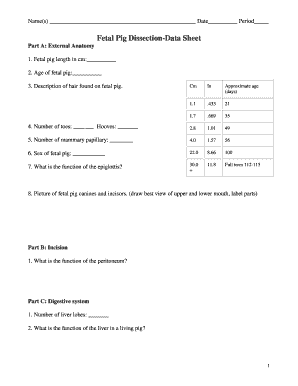 Fetal Pig Dissection Data Sheet