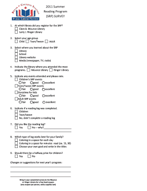 3rd grade reading log - 2011 Summer Reading Program SRP SURVEY - bcslibrary