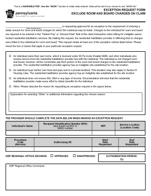 Exception Request Form for Room and Board Charges