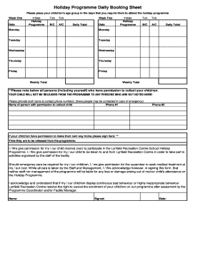 Holiday Programme Daily Booking Sheet