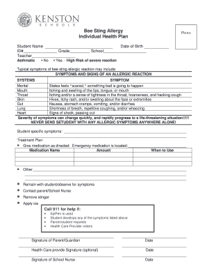 Bee Sting Allergy Action Plan