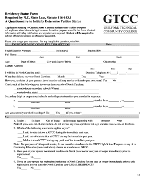Residency Status Form for North Carolina Tuition