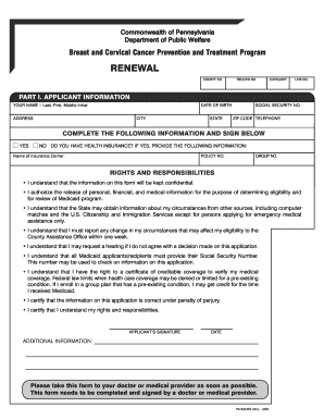 Pennsylvania Breast and Cervical Cancer Treatment Program Renewal Form