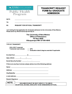 Transcript Request Form for Graduate Admission