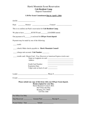Cub Resident Camp Deposit Transmittal