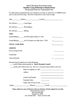 Hawk Mountain Scout Reservation Final Fee Transmittal Form
