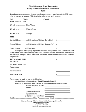 Hawk Mountain Scout Reservation Camp Fee Transmittal Form