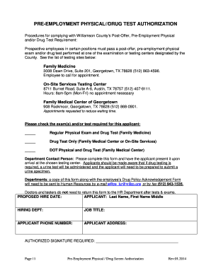 Pre-Employment Physical Drug Test Authorization